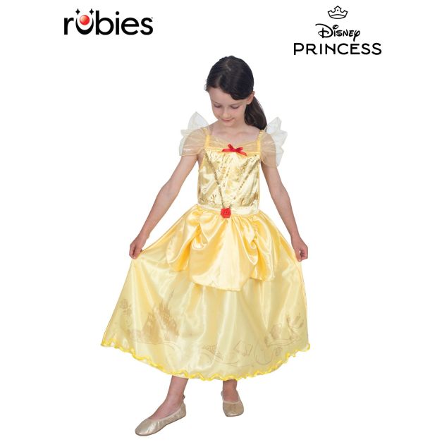 Girls Disney Belle deluxe ball gown costume in golden yellow satin with tulle ruffles Girls Disney Belle deluxe ball gown costume in golden yellow satin with tulle ruffles