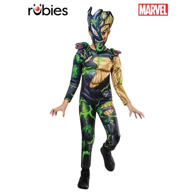 Kids Venomized Groot costume full body view showing black Venom symbiote and tan Groot branches Kids Venomized Groot costume full body view showing black Venom symbiote and tan Groot branches