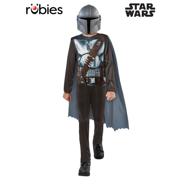 Kids Mandalorian costume with printed beskar armor jumpsuit and T-visor helmet Kids Mandalorian costume with printed beskar armor jumpsuit and T-visor helmet