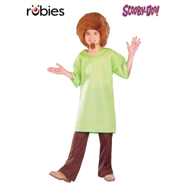 Child wearing official Scooby-Doo Shaggy costume with lime green tunic, brown flared pants, auburn wig and goatee Child wearing official Scooby-Doo Shaggy costume with lime green tunic, brown flared pants, auburn wig and goatee