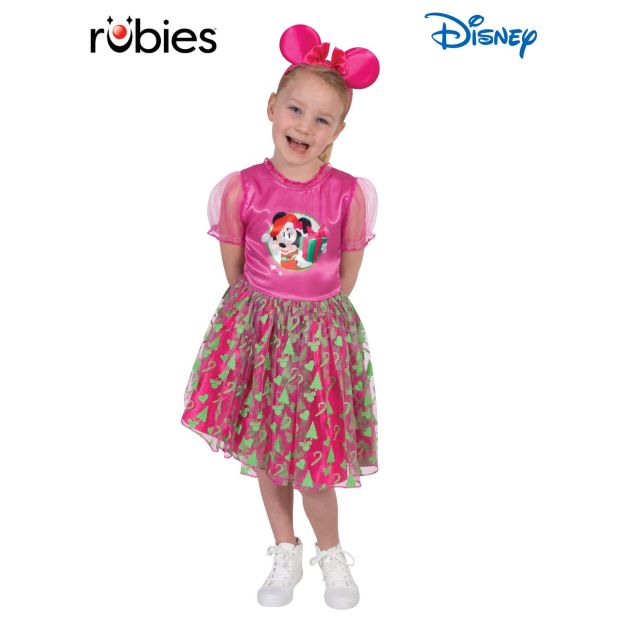 Girls Minnie Mouse Christmas dress costume in hot pink with festive green tulle overlay Girls Minnie Mouse Christmas dress costume in hot pink with festive green tulle overlay