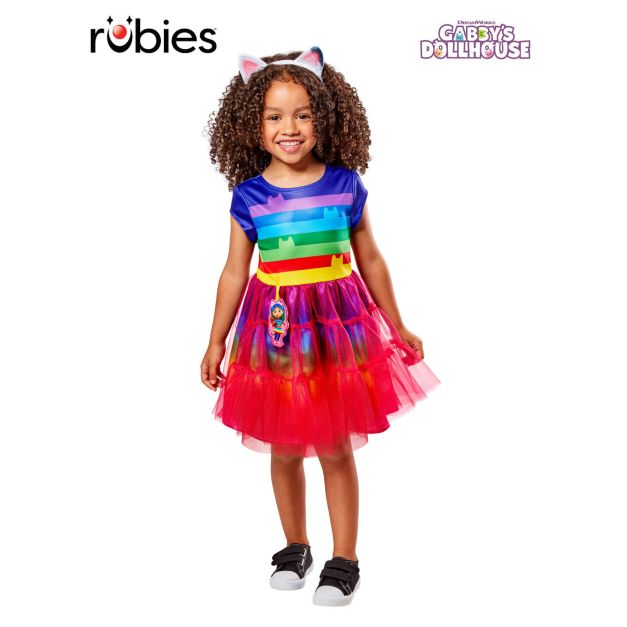 Girls Gabby's Dollhouse deluxe costume dress with rainbow striped bodice and layered tulle skirt Girls Gabby's Dollhouse deluxe costume dress with rainbow striped bodice and layered tulle skirt