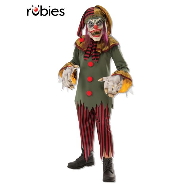 Kids scary clown costume with full-face jester mask and striped pants Kids scary clown costume with full-face jester mask and striped pants