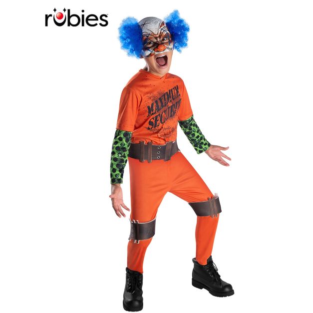 Kids orange prison jumpsuit clown costume with Maximum Security print and green skull sleeves Kids orange prison jumpsuit clown costume with Maximum Security print and green skull sleeves