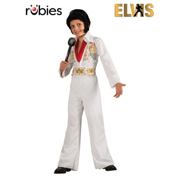 Kids Elvis Presley white jumpsuit costume with printed jewels and red collar Kids Elvis Presley white jumpsuit costume with printed jewels and red collar