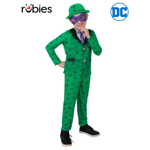 Kids Riddler costume deluxe set with green question mark suit, purple mask and bowler hat - DC Comics licensed Kids Riddler costume deluxe set with green question mark suit, purple mask and bowler hat - DC Comics licensed
