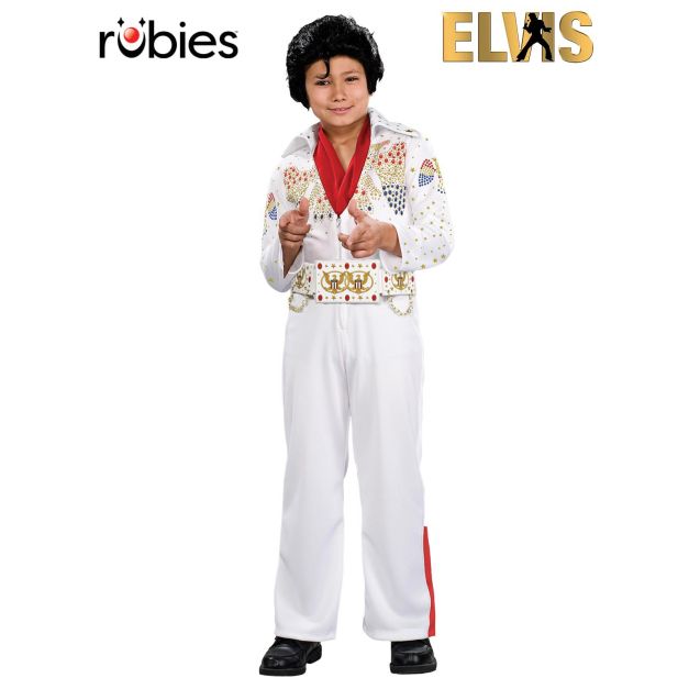 Kids Elvis Presley costume with white jeweled jumpsuit and red scarf Kids Elvis Presley costume with white jeweled jumpsuit and red scarf