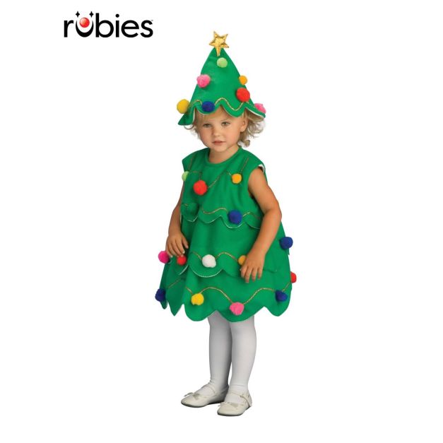 Child wearing green felt Christmas tree costume dress with colorful pom-pom ornaments and matching conical hat Child wearing green felt Christmas tree costume dress with colorful pom-pom ornaments and matching conical hat