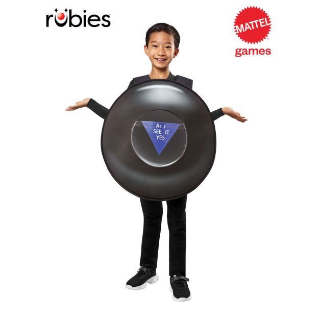 Kids Magic 8-Ball costume tabard front view with vinyl answer window and blue triangle Kids Magic 8-Ball costume tabard front view with vinyl answer window and blue triangle