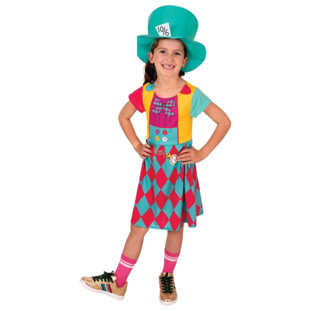 Girls Mad Hatter costume dress with teal and pink bodice print and yellow diamond skirt, moulded felt top hat with 10/6 card Girls Mad Hatter costume dress with teal and pink bodice print and yellow diamond skirt, moulded felt top hat with 10/6 card
