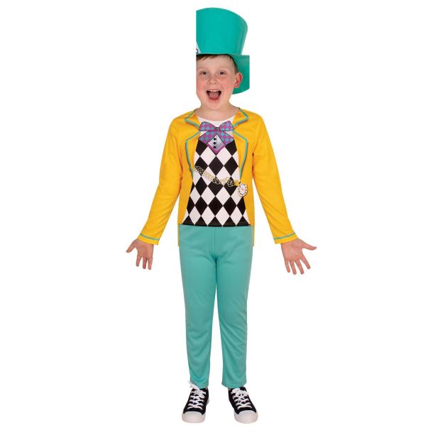 Boys Mad Hatter costume with yellow tailcoat print, teal pants and foam top hat