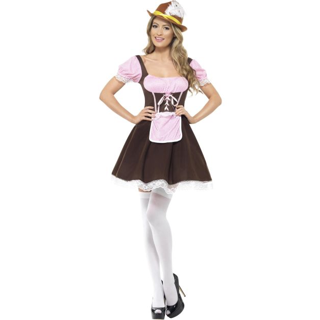 Adult Bavarian beer maid costume with pink gingham puffed sleeves and brown corset bodice Adult Bavarian beer maid costume with pink gingham puffed sleeves and brown corset bodice