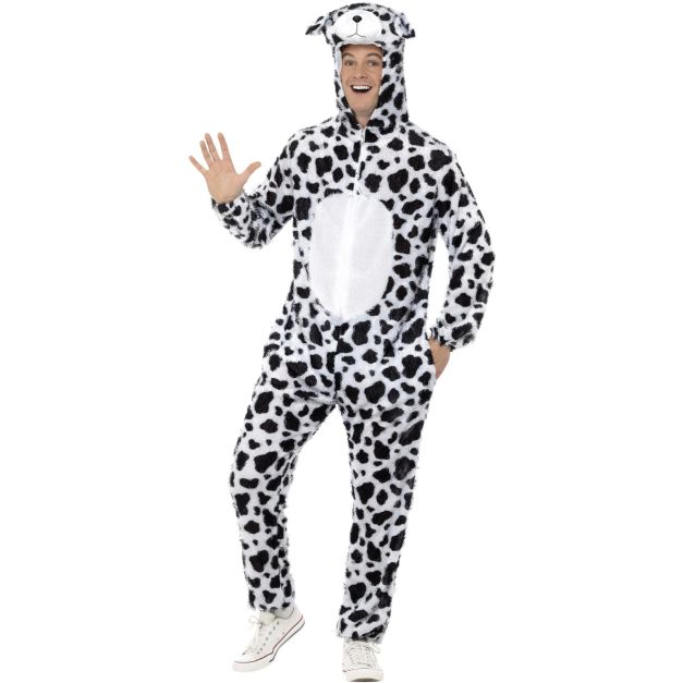 Adult wearing white Dalmatian onesie costume with black spots and hooded dog face