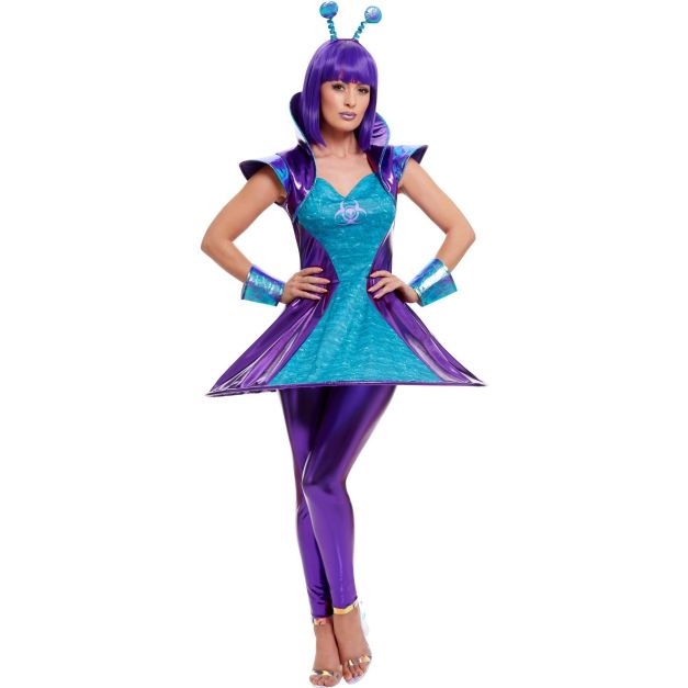 Adult alien costume dress in metallic turquoise and purple with structured shoulder wings and hoop skirt Adult alien costume dress in metallic turquoise and purple with structured shoulder wings and hoop skirt