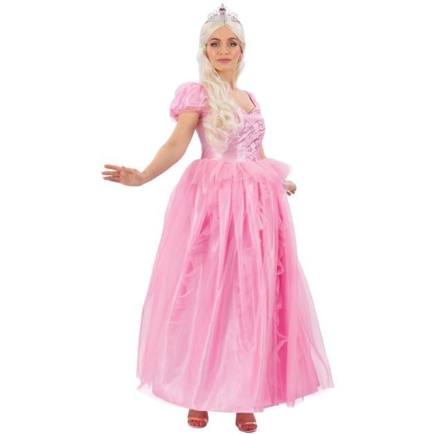 Adult pink princess ball gown costume with shimmery bodice and full tulle skirt