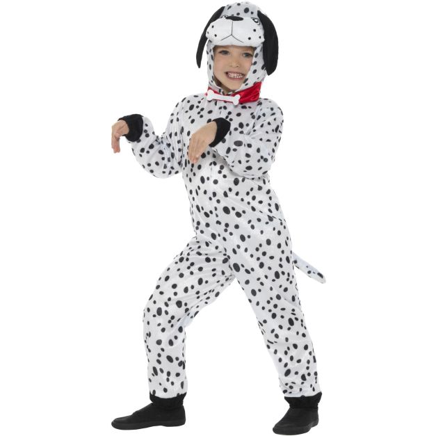 Child wearing white plush 101 Dalmatians costume with black spots and red collar
