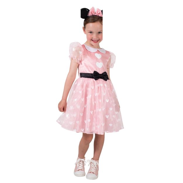 Girls Minnie Mouse pink dress costume with white heart print velour bodice and layered tulle skirt Girls Minnie Mouse pink dress costume with white heart print velour bodice and layered tulle skirt