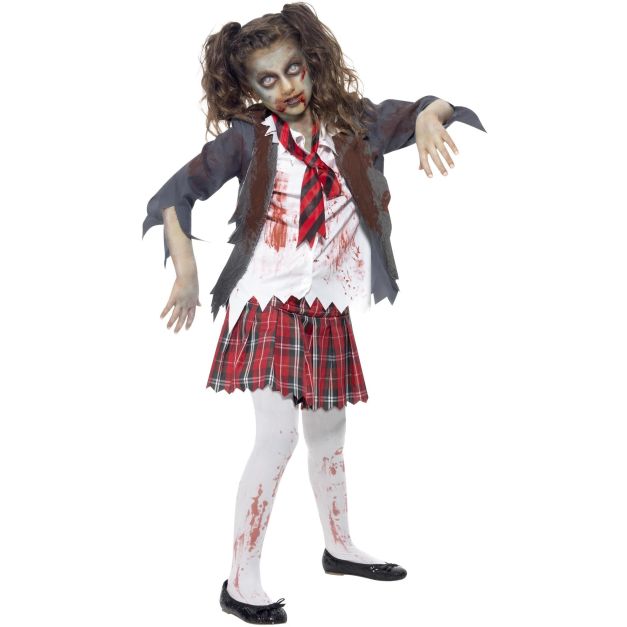 Girls zombie schoolgirl costume with distressed grey jacket and blood-splattered tights Girls zombie schoolgirl costume with distressed grey jacket and blood-splattered tights