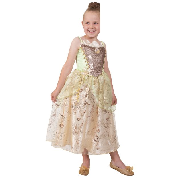 Girls Disney Princess Tiana deluxe ball gown with gold foil bodice and mint green layered skirt Girls Disney Princess Tiana deluxe ball gown with gold foil bodice and mint green layered skirt