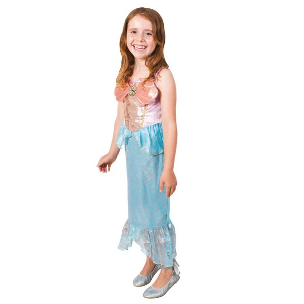 Girls Disney Ariel Little Mermaid deluxe costume dress with sequined bodice and layered turquoise skirt Girls Disney Ariel Little Mermaid deluxe costume dress with sequined bodice and layered turquoise skirt