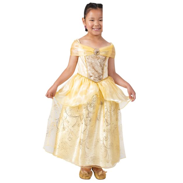 Girls Belle deluxe ball gown costume with gold velour bodice and organza overlay Girls Belle deluxe ball gown costume with gold velour bodice and organza overlay