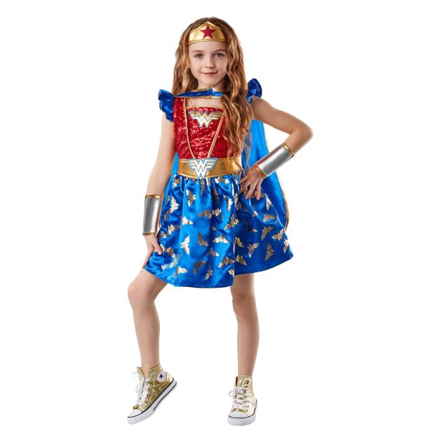 Girls Wonder Woman deluxe costume with sequined blue bodice and red tutu skirt Girls Wonder Woman deluxe costume with sequined blue bodice and red tutu skirt