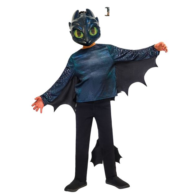 Child wearing Toothless Night Fury dragon costume with black wings extended and moulded mask Child wearing Toothless Night Fury dragon costume with black wings extended and moulded mask