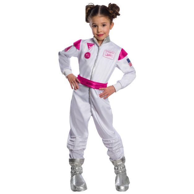 Girls Barbie astronaut costume jumpsuit in white with hot pink belt and silver metallic collar Girls Barbie astronaut costume jumpsuit in white with hot pink belt and silver metallic collar