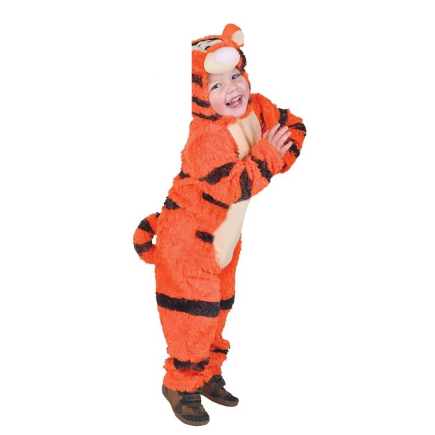 Toddler wearing orange and black striped Tigger costume with 3D hood and tail Toddler wearing orange and black striped Tigger costume with 3D hood and tail