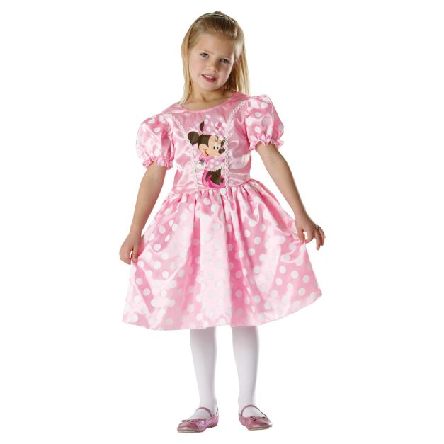 Girls Minnie Mouse pink polka dot costume dress with character print and puff sleeves Girls Minnie Mouse pink polka dot costume dress with character print and puff sleeves