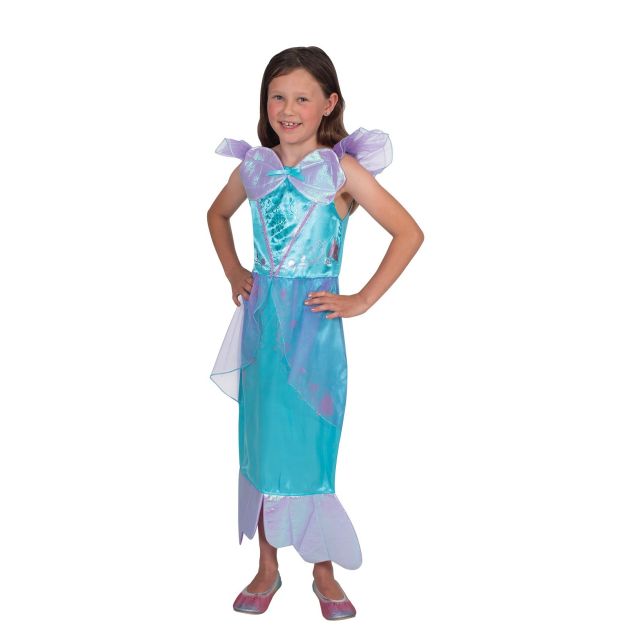Girls Disney Ariel costume dress with turquoise satin bodice and organza flutter sleeves