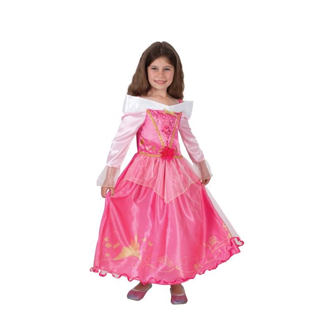 Girls Aurora Sleeping Beauty princess costume - hot pink satin ball gown with tulle overlay and gold embroidery