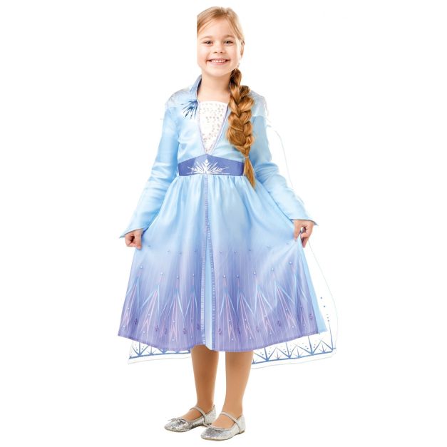 Girls Frozen 2 Queen Elsa costume dress with light blue-to-purple gradient skirt and detachable cape Girls Frozen 2 Queen Elsa costume dress with light blue-to-purple gradient skirt and detachable cape