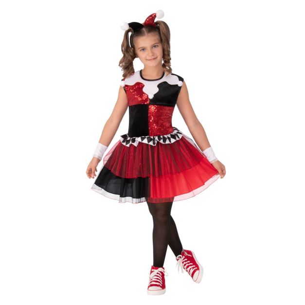 Girls Harley Quinn deluxe tutu costume with red sequin bodice and black velvet checker pattern Girls Harley Quinn deluxe tutu costume with red sequin bodice and black velvet checker pattern
