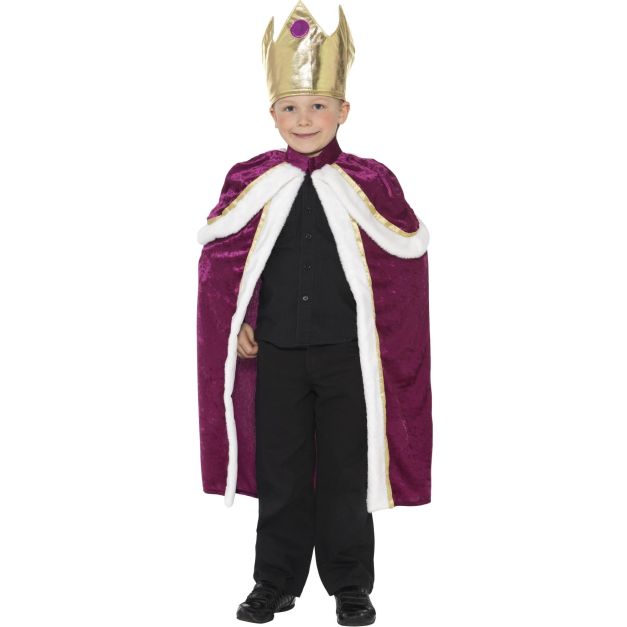 Child wearing purple royal king costume with gold crown and white fur trim Child wearing purple royal king costume with gold crown and white fur trim