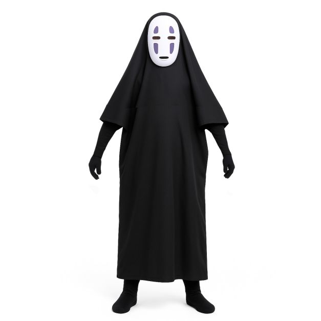 Kids mysterious spirit costume with black robe and white character mask Kids mysterious spirit costume with black robe and white character mask