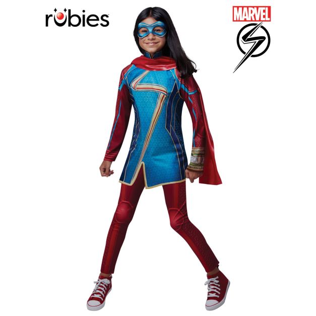 Kamala Khan superhero costume for girls showing geometric star pattern and web-texture sleeves Kamala Khan superhero costume for girls showing geometric star pattern and web-texture sleeves