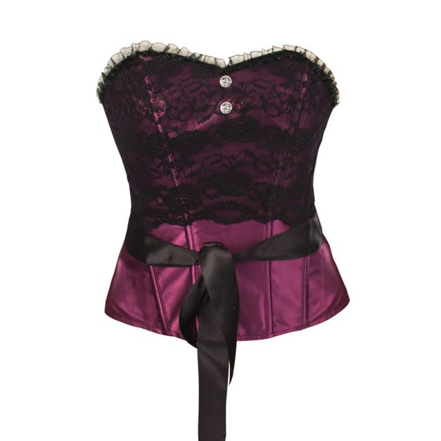 Adult purple satin burlesque corset with black lace overlay and tulle neckline Adult purple satin burlesque corset with black lace overlay and tulle neckline