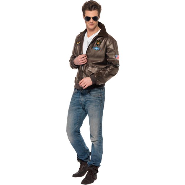 Brown faux leather flight jacket styled as naval aviator costume for themed parties and military events Brown faux leather flight jacket styled as naval aviator costume for themed parties and military events