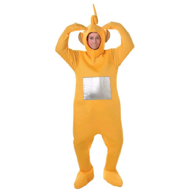 Adult Laa-Laa Teletubbies costume with yellow jumpsuit and metallic TV screen belly Adult Laa-Laa Teletubbies costume with yellow jumpsuit and metallic TV screen belly