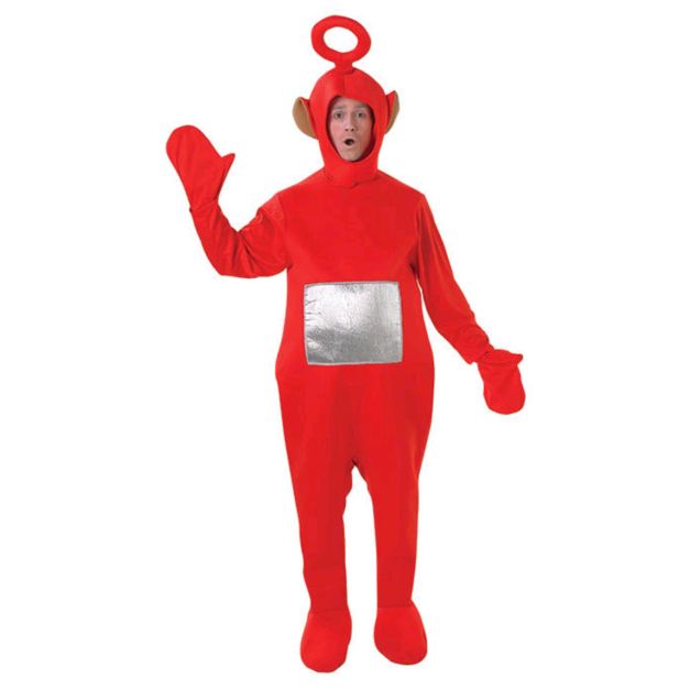 Adult Teletubbies Po costume full body red jumpsuit front view Adult Teletubbies Po costume full body red jumpsuit front view