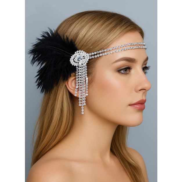Adult 1920s flapper headband with black ostrich feather plume and rhinestone centerpiece Adult 1920s flapper headband with black ostrich feather plume and rhinestone centerpiece