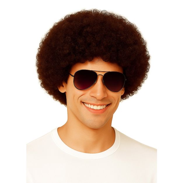 Brown afro wig with tightly coiled synthetic fibers and rounded 70s disco silhouette Brown afro wig with tightly coiled synthetic fibers and rounded 70s disco silhouette