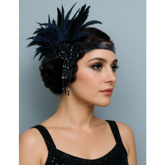 Black and navy feather flapper headband with beaded rosette and tassels on white background