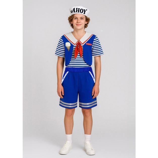 Girls retro ice cream parlor costume with striped sailor top and blue shorts Girls retro ice cream parlor costume with striped sailor top and blue shorts
