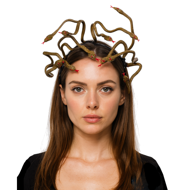 Adult Medusa snake headband with poseable wire snakes and textured scale fabric Adult Medusa snake headband with poseable wire snakes and textured scale fabric
