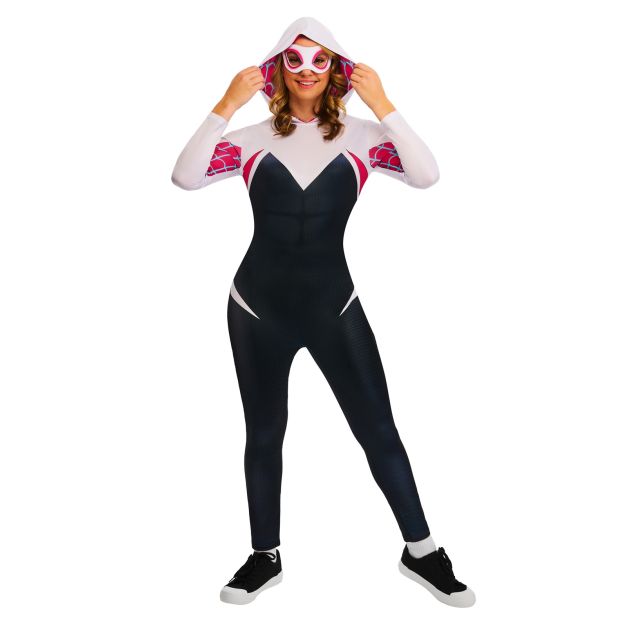 Adult Ghost Spider costume womens hooded jumpsuit with pink web pattern and mask Adult Ghost Spider costume womens hooded jumpsuit with pink web pattern and mask