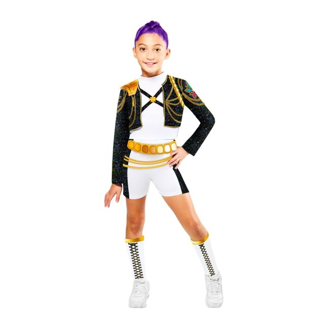 Kids K-Pop Demon Hunters Rumi Gold costume with black sparkle sleeves and gold shoulder pads Kids K-Pop Demon Hunters Rumi Gold costume with black sparkle sleeves and gold shoulder pads