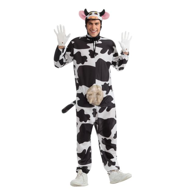 Adult cow costume with black and white print jumpsuit and udder detail Adult cow costume with black and white print jumpsuit and udder detail