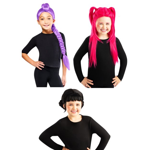 Kids K-Pop character wig with purple braided ponytail and high bun Kids K-Pop character wig with purple braided ponytail and high bun